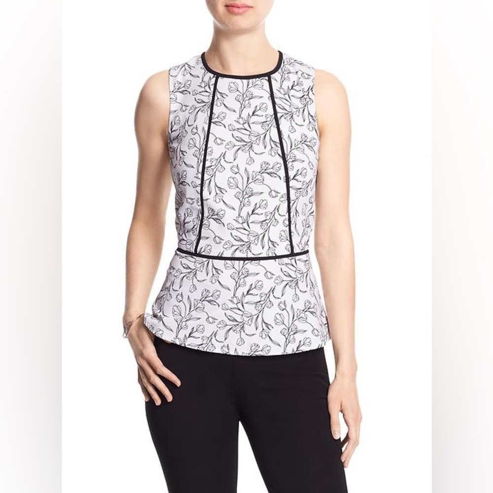 Banana Republic Floral Black and White Sleeveless Peplum Top